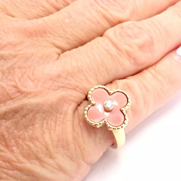 Authentic! Van Cleef & Arpels Alhambra 18k Yellow Gold Coral Diamond Ring PaperA - Picture 8 of 10